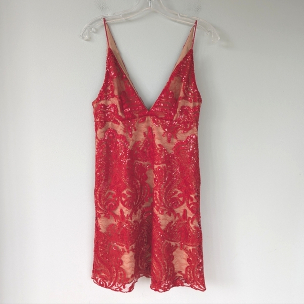 Free People Night Shimmers Red Sequin & Lace Mini Dress - Picture 7 of 14